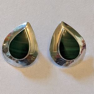 Silver Drop Shape Earrings w/green Stone